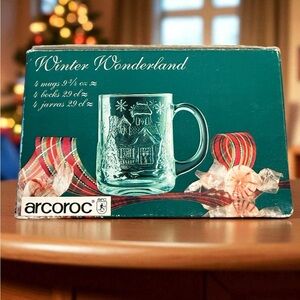 Vintage Arcoroc Winter Wonderland Embossed Glass Mugs Set of 4 9.75 oz
